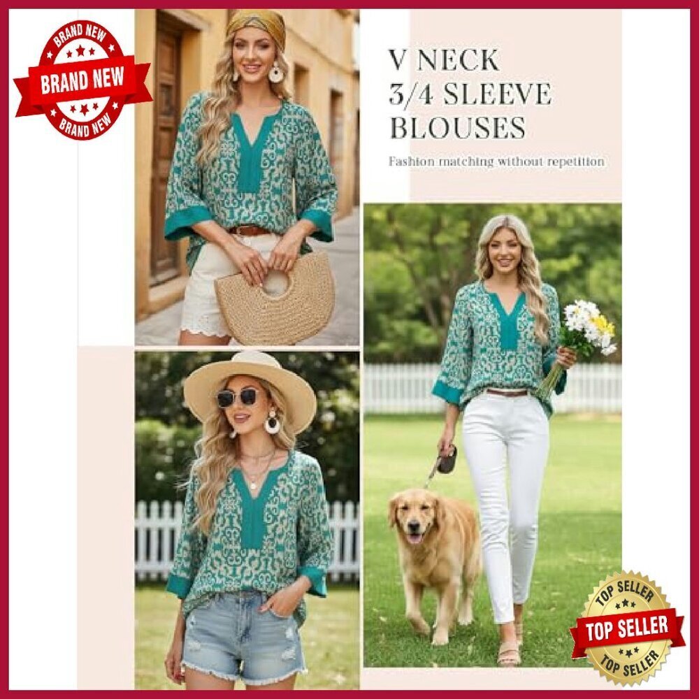 Women's 3/4 Sleeve V-Neck Floral Tunic Top Loose Fit Chiffon Blouse - Picture 6 of 8